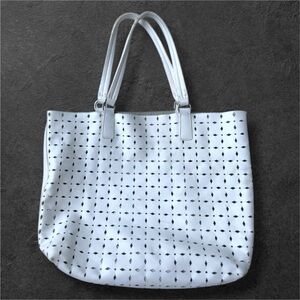 Auth MUI MUI White perforated cut out leather Tote Bag & suede interior medium